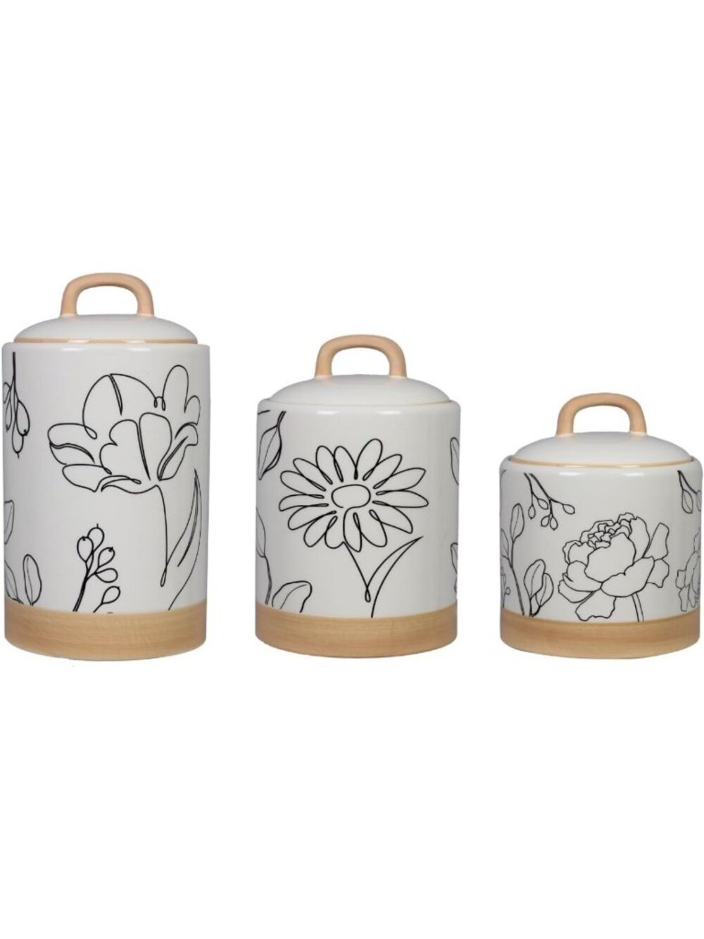 Floral Line Art Ceramic Canister Set of 3 - Airtight Kitchen Storage Jars
